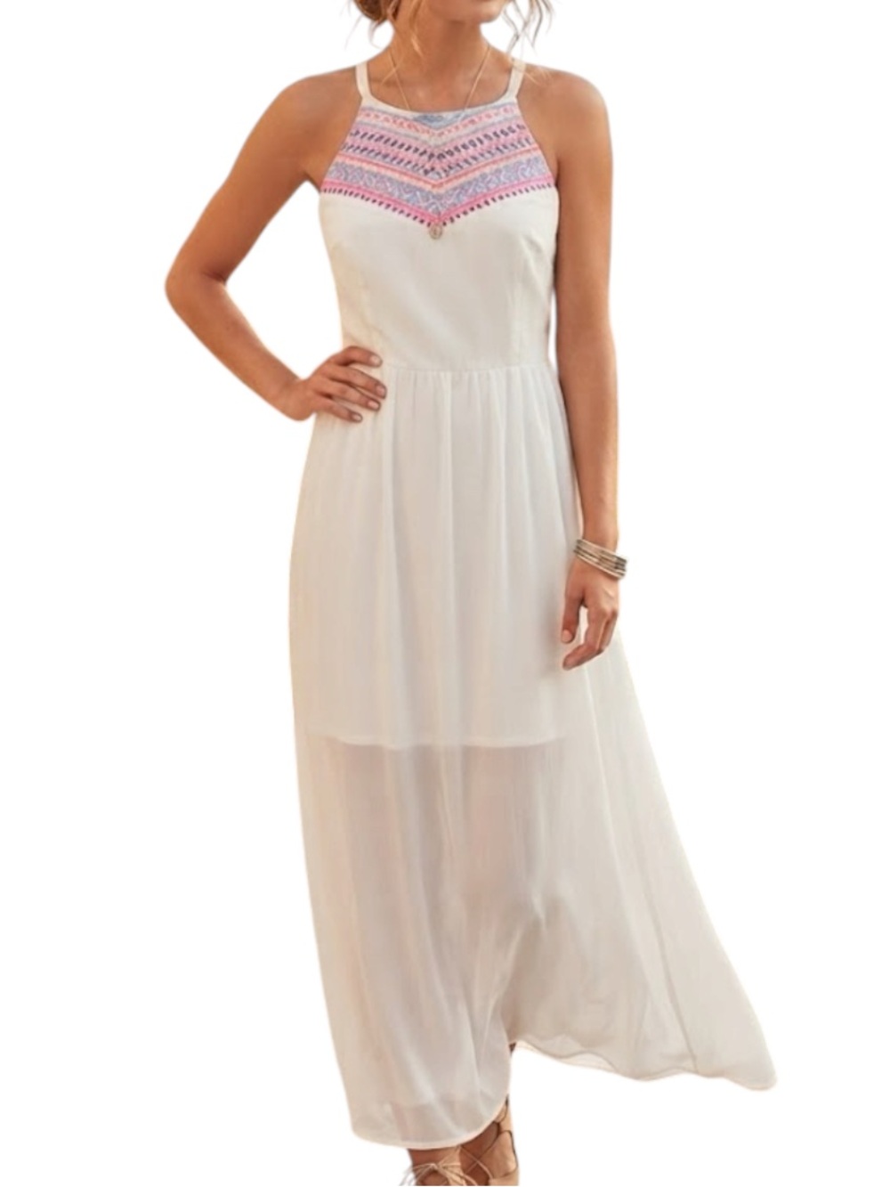JAPNA Bohemian Y2K Party White Chiffon Sleeveless Maxi Dress 3D Aztec Detail M